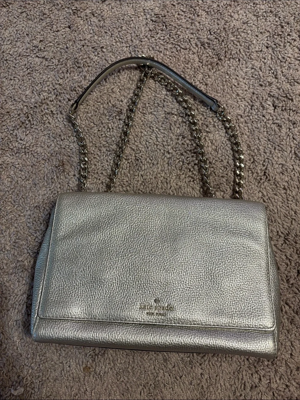 kate spade Metallic Silver Pebbled Leather Chain Shoulder Bag